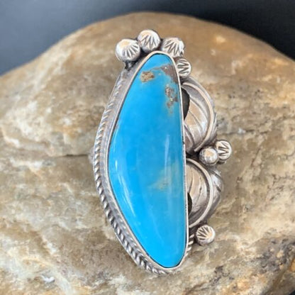 Navajo Blue Kingman Turquoise Ring | Sterling Silver Feather | Sz 9.5 | 10854