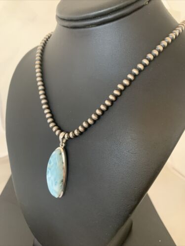 Navajo Blue Larimar Pendant Bead Necklace | Sterling Silver | Authentic Native American Handmade | 1761