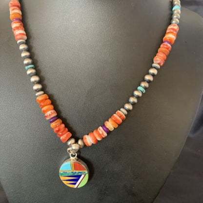Multi-Color Turquoise & Spiny Oyster Inlay Necklace Pendant | Navajo Sterling Silver | Authentic Native American Handmade | 12721