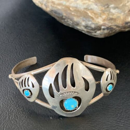 Navajo Turquoise Bear Paw Cuff Bracelet | Sterling Silver | Authentic Native American Handmade | 12874