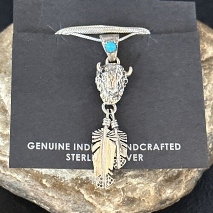 Navajo Buffalo Turquoise Pendant | Sterling Silver | Authentic Native American Handmade | 18" | 14686