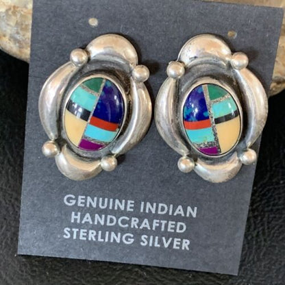Native American Women's Sterling Silver Blue Turquoise Multi-Color Earrings | Handmade | 13015