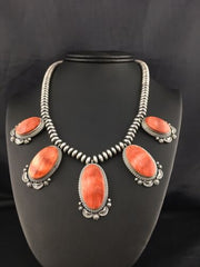 Navajo Red Spiny Oyster Pendant Squash Necklace | Sterling Silver | 16" | Authentic Native American Handmade | 4536
