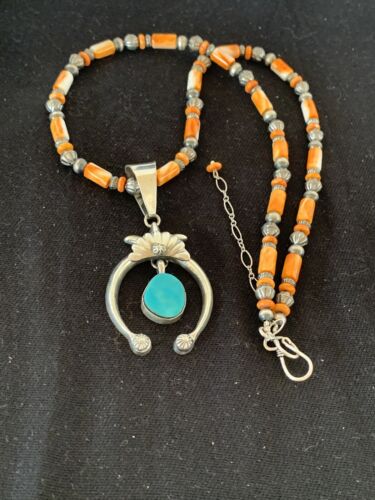 Sterling Blue Turquoise Naja Pendant | Navajo Pearls Spiny Oyster Necklace | Southwestern | 00262