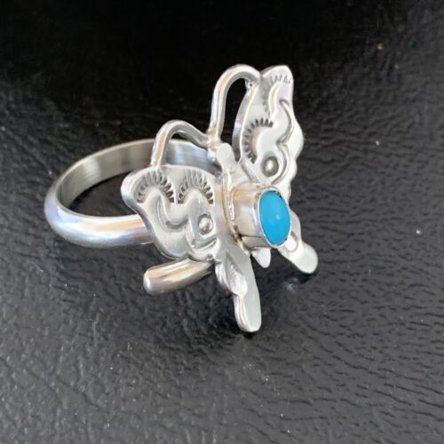 Navajo Blue Turquoise Butterfly Ring | Sterling Silver | Sz Adj 7 | Authentic Native American Handmade | 10677