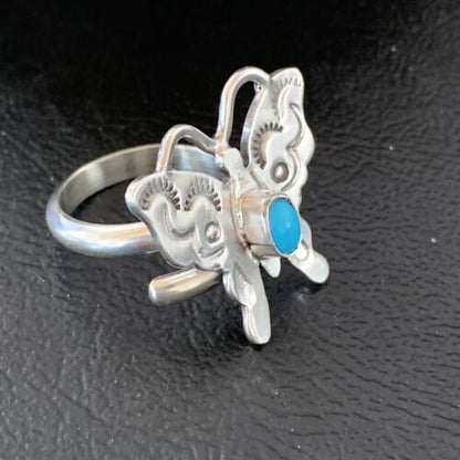 Navajo Blue Turquoise Butterfly Ring | Sterling Silver | Sz Adj 7 | Authentic Native American Handmade | 10677
