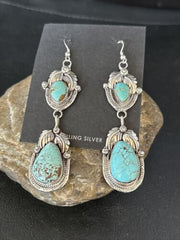 Navajo Blue #8 Turquoise Dangle Earrings | Sterling Silver | Authentic Native American Handmade | 14345