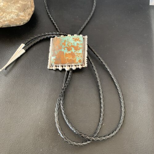 Navajo Green Royston Turquoise Bolo Tie | Sterling Silver | Authentic Native American Handmade | 12883