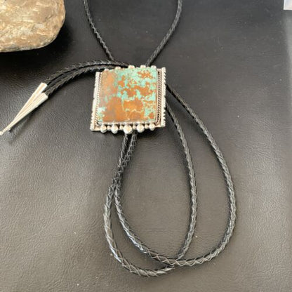 Navajo Green Royston Turquoise Bolo Tie | Sterling Silver | Authentic Native American Handmade | 12883