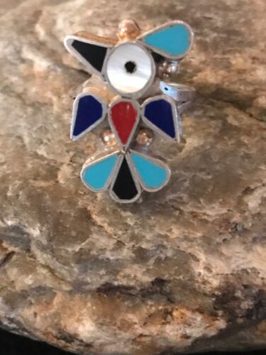 Zuni Peyote Bird Ring | Turquoise Onyx Coral Mother of Pearl Inlay | Sz 6.6 | Sterling Silver | 10792