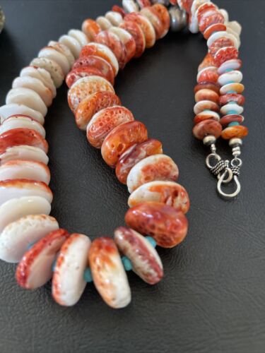 Navajo Turquoise & Red Spiny Oyster Necklace | Sterling Silver | Authentic Native American | Graduated | 22" | 10589 - Masha USA