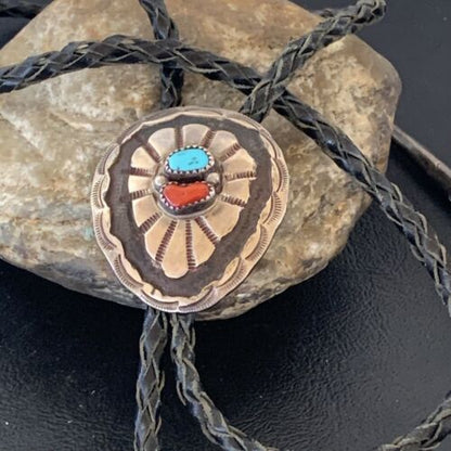 Navajo Turquoise Coral Bolo Tie | Sterling Silver | Authentic Native American Handmade | 1999 Bolo