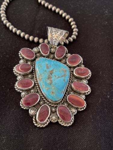 Navajo Purple Spiny Oyster & Turquoise Pendant Necklace | Sterling Silver | Authentic Native American Handmade | 01117