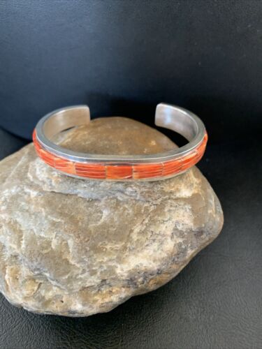 Navajo Native American Red Spiny Oyster Inlay Bracelet | Sterling Silver | Authentic Handmade | 1166
