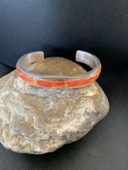 Navajo Native American Red Spiny Oyster Inlay Bracelet | Sterling Silver | Authentic Handmade | 1166