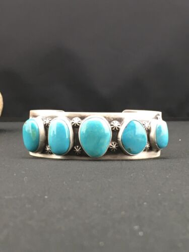 Navajo Men's Sterling Kingman Turquoise Bracelet | 5 Stone | Authentic Native American Handmade | 1304