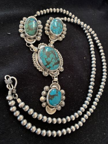 Navajo Lariat Spiderweb Turquoise Pendant Necklace | Sterling Silver | 25" | Authentic Native American Handmade | 01337