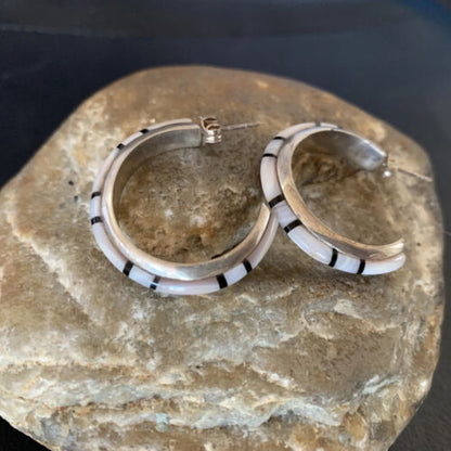 Navajo Pink Mother of Pearl and Onyx Inlay Hoop Earrings | Sterling Silver | Authentic Native American Handmade | 12674