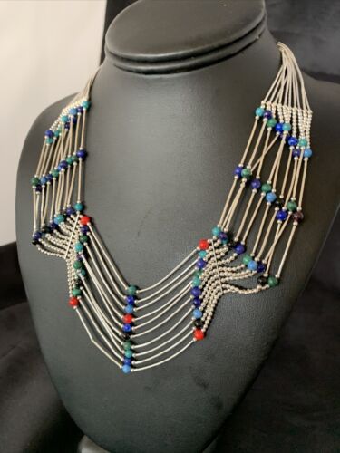 Native American Multi-Color Liquid Heishi Necklace | 10 Strand Sterling Tubes | 17" | 12623