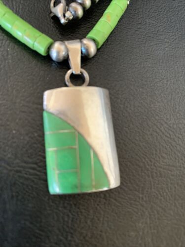 Navajo Green Gaspeite Turquoise Inlay Pendant | Sterling Silver | Authentic Native American Handmade | 12348