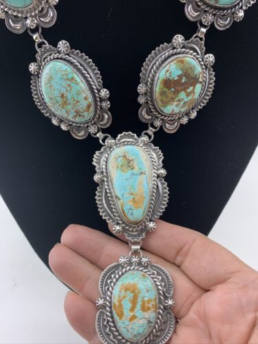 Navajo Sterling Silver Lariat Necklace | Royston Turquoise Squash Pendant | Authentic Native American Handmade | 01545