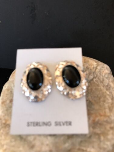 Native American Onyx Nugget Design Earrings | Sterling Silver | Southwestern Handmade | 1" | 3745