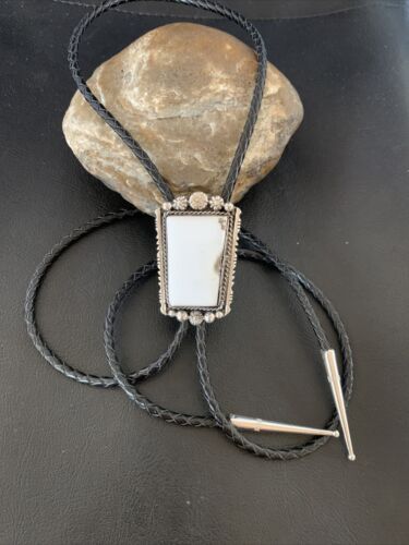 Men's Bolo Tie | White Buffalo Turquoise | Sterling Silver | Navajo | Authentic Native American Handmade | 12906