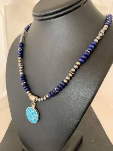 Navajo Sterling Silver Lapis Blue Turquoise Inlay Pendant Necklace | Authentic Native American Handmade | 1172