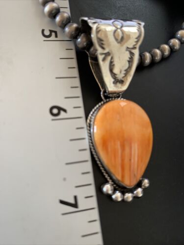 Navajo Orange Spiny Oyster Pendant Necklace | Sterling Silver | Authentic Native American Handmade | 13075