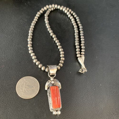 Navajo Red Spiny Oyster Square Pendant Necklace | Sterling Silver | Authentic Native American Handmade | 13635