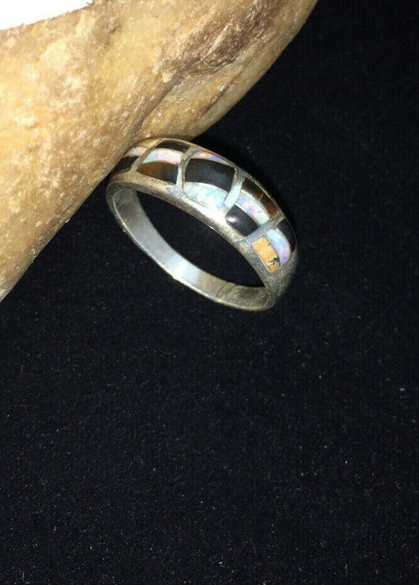 Navajo Men's White Opal & Black Onyx Inlay Ring | Sterling Silver | Sz 13.5 | Authentic Native American | 01789