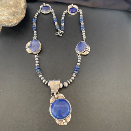 Navajo Pearl Sterling Silver Blue Lapis Necklace with 5 Pendants | Authentic Native American Handmade | 10864