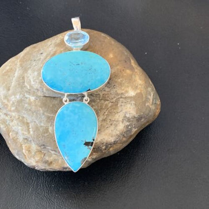 Navajo Blue Topaz Turquoise Multi-Stone Pendant | Authentic Native American Sterling Silver | 3.5" | 12024