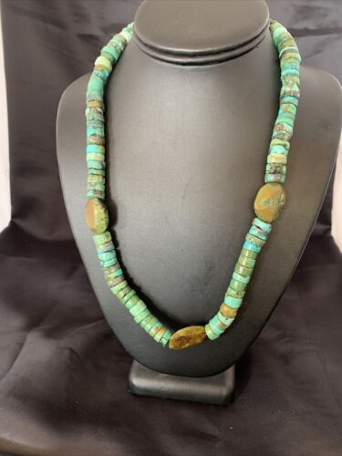 Men's Navajo Green Turquoise Nugget Heishi Bead Necklace | Sterling Silver | Authentic Native American Handmade | 21" | 10220