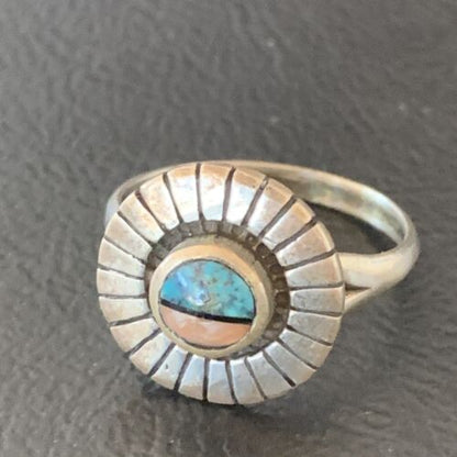 Navajo Blue Turquoise Pink Coral Inlay Ring | Sz 5.5 | Authentic Native American Handmade | 11171