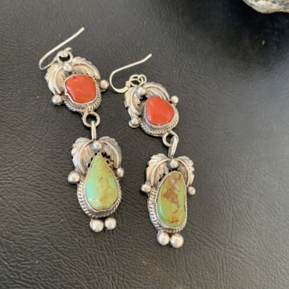 Navajo Green Royston Turquoise & Red Coral Dangle Earrings | Sterling Silver | Native American Handmade | 12354