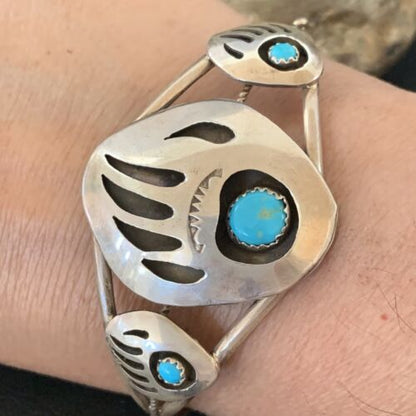Navajo Turquoise Bear Paw Cuff Bracelet | Sterling Silver | Authentic Native American Handmade | 12874