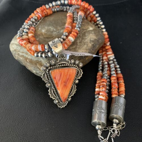 Navajo Red Spiny Oyster Pendant | Sterling Silver | Native American Pearls Necklace | Multi-Strand | 1658