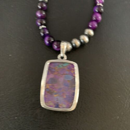 Navajo Pearl Purple Mojave Turquoise Onyx Pendant Necklace | Sterling Silver | Native American Handmade | 13402