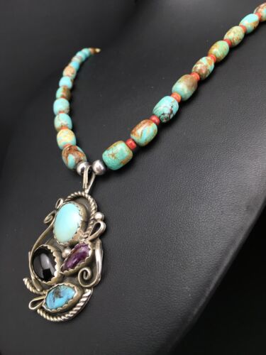 Navajo Turquoise and Spiny Oyster Multi-Stone Necklace | Authentic Native American Sterling Silver | 21" | 4885