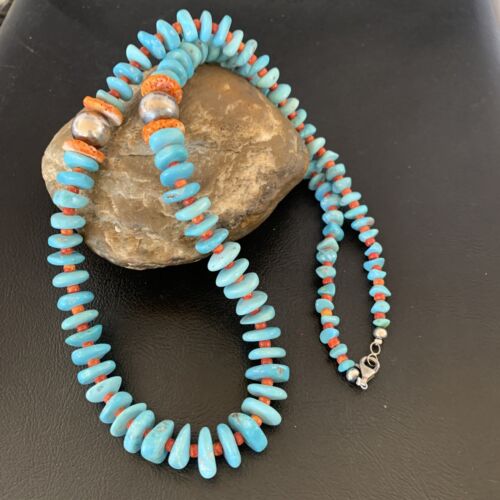 Navajo Natural Turquoise & Spiny Oyster Necklace | Sterling Silver | Authentic Native American | 29" | 13234