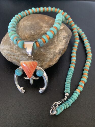 Navajo Pearls Sterling Silver Necklace | Blue Turquoise & Spiny Oyster | Naja Pendant | Authentic Native American Handmade
