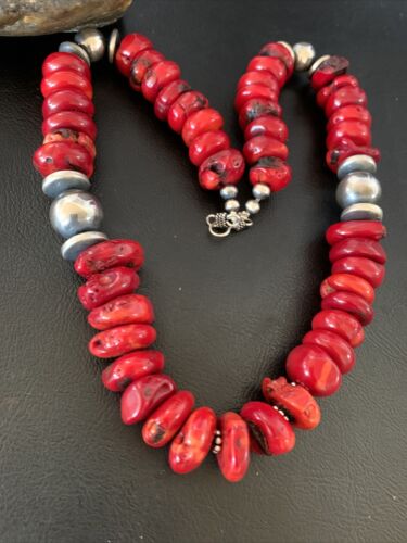 Navajo Red Coral Bead Necklace | Sterling Silver | 20" | Authentic Native American Handmade | 13375