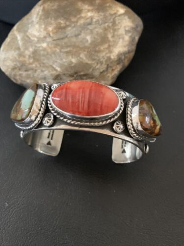 Navajo Green Royston Turquoise Spiny Oyster Cuff Bracelet | Sterling Silver | Authentic Native American Handmade | 1379
