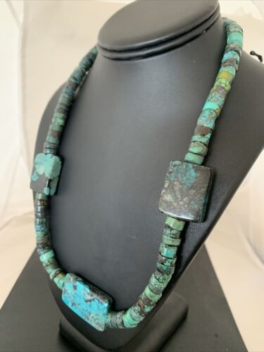 Native American Rustic Turquoise Nugget Heishi Bead Necklace | Sterling Silver | 22" | 1399
