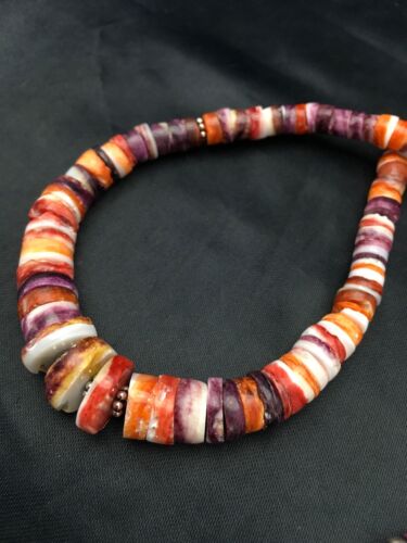 Orange Purple Spiny Oyster Necklace | Navajo Sterling Silver | Authentic Native American Jewelry | 20"