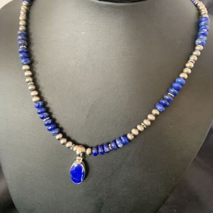 Native American Navajo Blue Lapis Pendant Necklace | Sterling Silver | Authentic Handmade | 11667 - Masha USA