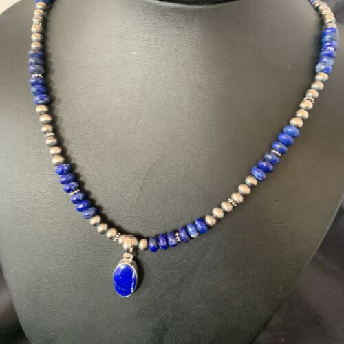 Native American Navajo Blue Lapis Pendant Necklace | Sterling Silver | Authentic Handmade | 11667 - Masha USA