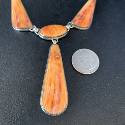 Navajo Lariat Necklace with Orange Spiny Oyster Pendant | Sterling Silver | 20" | Authentic Native American Jewelry | 13883
