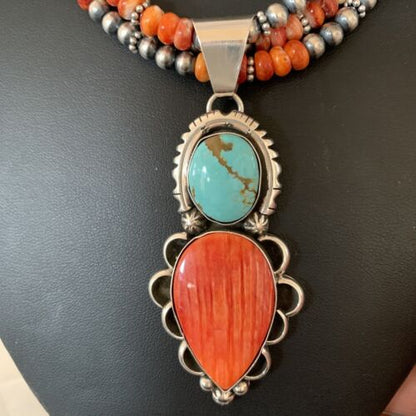 Navajo Pearl Necklace with Turquoise & Spiny Oyster Pendant | Sterling Silver | Multi-Strand | 1677